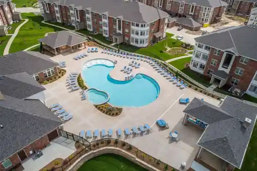 Aerial view of an apartment community pool